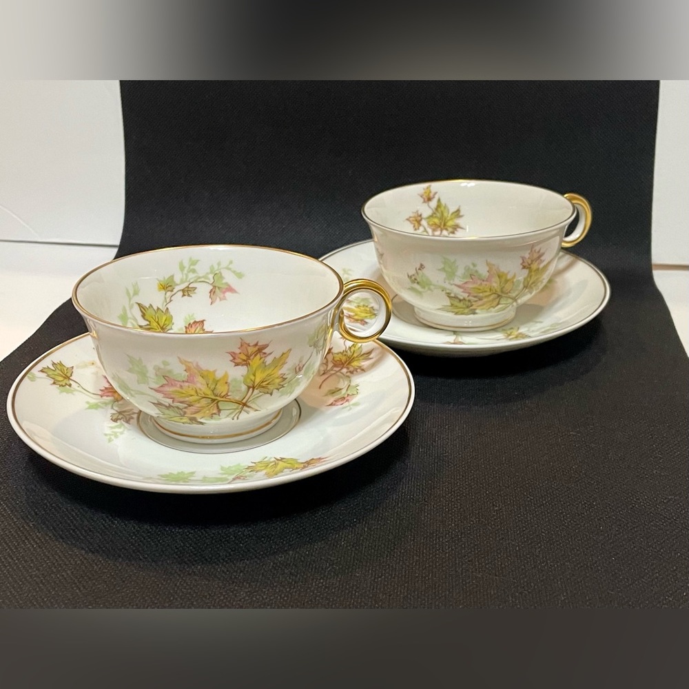 Set Of 2 Haviland Limoges Autumn Leaf Cup & Saucer Christmas Edition